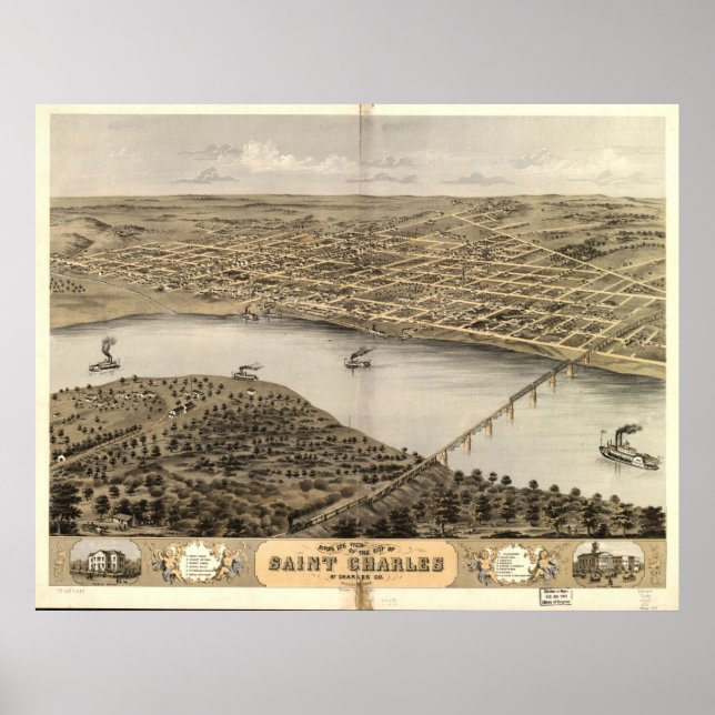 Poster santo Charles MO Birds 1869 Olhos Ver Mapa Panorâm (Frente)