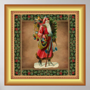 Poster Santo Nickolas, presentes de Natal, fundo Dourado