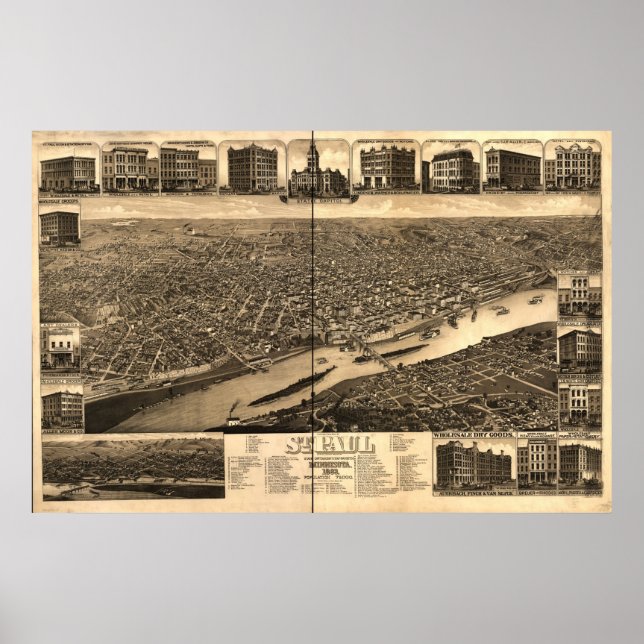 Pôster Santo Paul Minnesota 1883 Mapa Panorâmico Antiquad (Frente)
