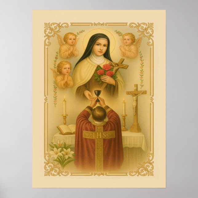 Poster Santo Thérèse do Padre Católico Lisieux em missa (Frente)