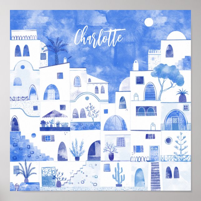 Poster Santorini Aquarela Grega Personalizada (Frente)