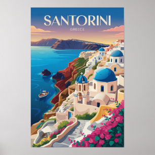 Poster Santorini Grécia Cúpula Azul Viagem Arte Vintage