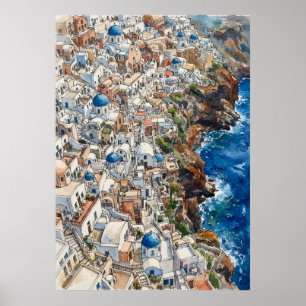 Poster Santorini Grécia Domos Azuis Costeiros Aquarela Po