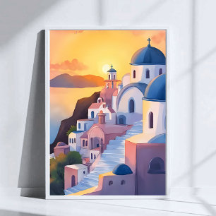 Poster Santorini, Grécia Pôr do sol na costa em aquarel
