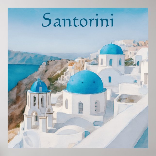Poster Santorini, Grécia vila com cúpulas azuis (Frente)