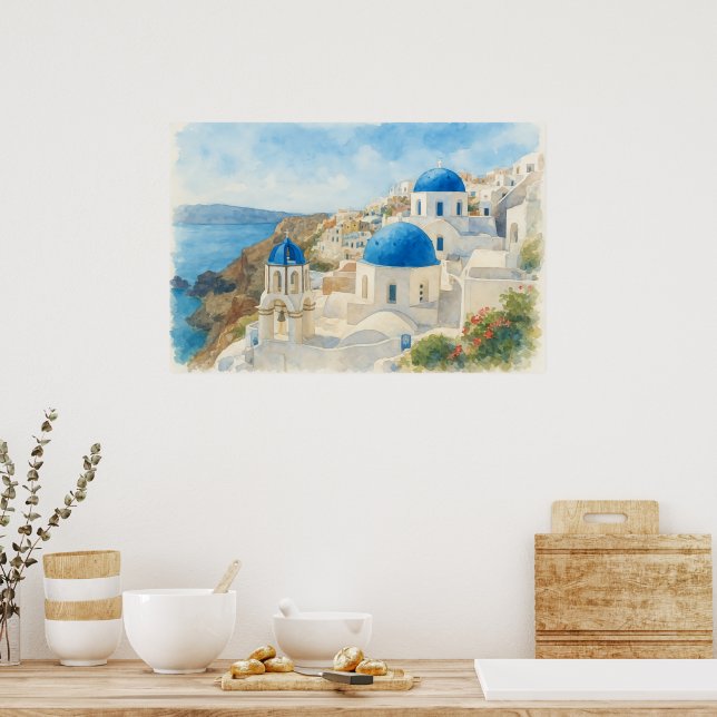 Poster Santorini Greece Watercolor  Blue Dome Church Art (Cozinha)