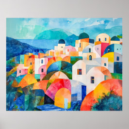 Poster Santorini Hillside em Abstrato Hues