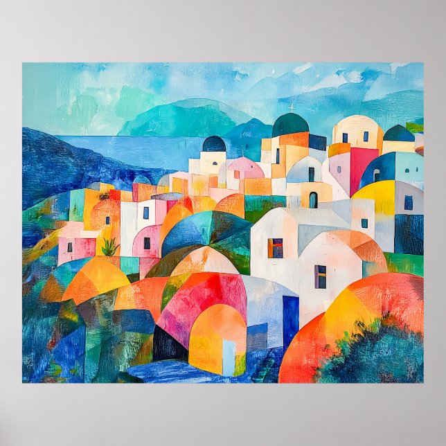 Poster Santorini Hillside em Abstrato Hues (Frente)