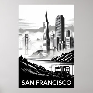 Poster São Francisco Califórnia Xilogravura Preto e Branc