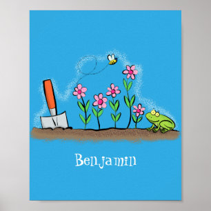 Poster sapo bonito e abelha na ilustração de desenho an