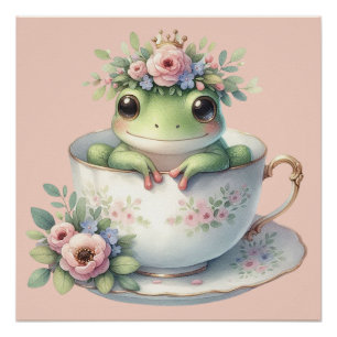 Pôster Sapo Caprichoso em Xícara de Chá Floral