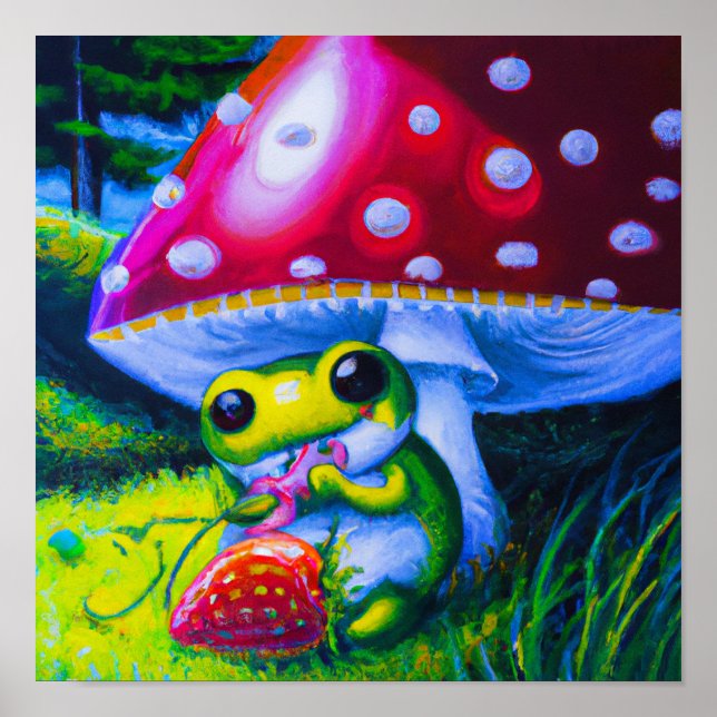 Poster Sapo de árvore adorável comendo morango (Frente)