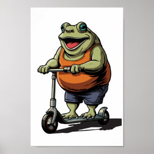 Poster Sapo Gordinho Divertido Andando de Scooter Cartoon