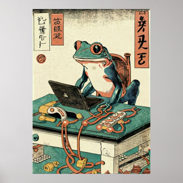 Poster Sapo Jogando Jogos de PC, Arte de Sapo Ukiyo-e, Sa (Frente)