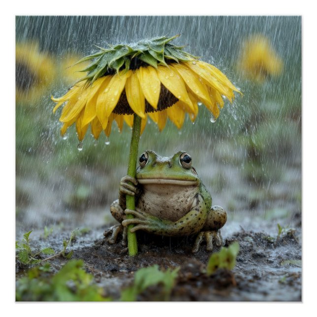 Pôster Sapo sob um guarda-chuva de girassol na chuva (Frente)