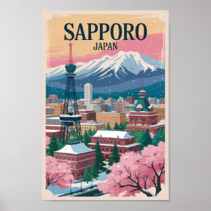 Poster Sapporo Japão Ilustração Viagem Arte Vintage