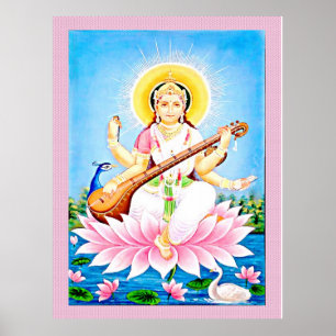 Poster Saraswati sentado em uma flor de lótus