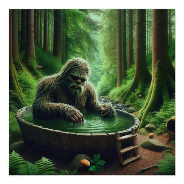 Pôster Sasquatch Bigfoot tomando banho na floresta (Frente)