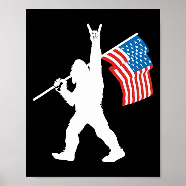 Poster Sasquatch Engraçado Rock And Roll Bandeira Dos EUA (Frente)