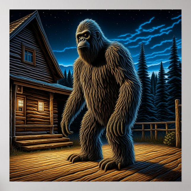 Poster Sasquatch na frente de Cabana de Troncos na Flores (Frente)