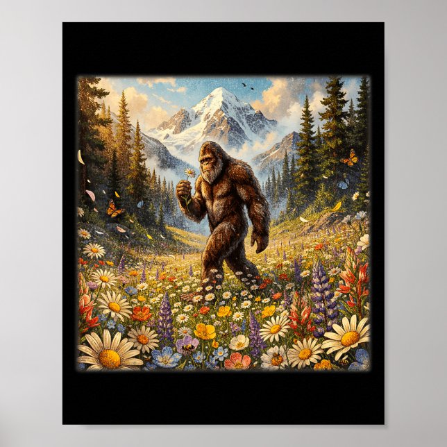 Poster Sasquatch no campo de flores de dente-de-leão Pé-g (Frente)
