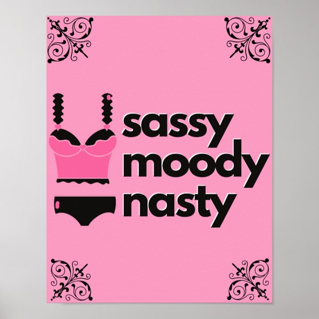 Poster Sassy, Moody, Nasty|Lingerie Íntima Rosa e Preto B (Frente)