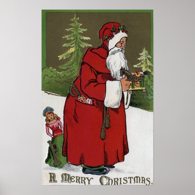 Pôster Saudação de NatalPapai Noel com Cavalo de Madeira (Frente)