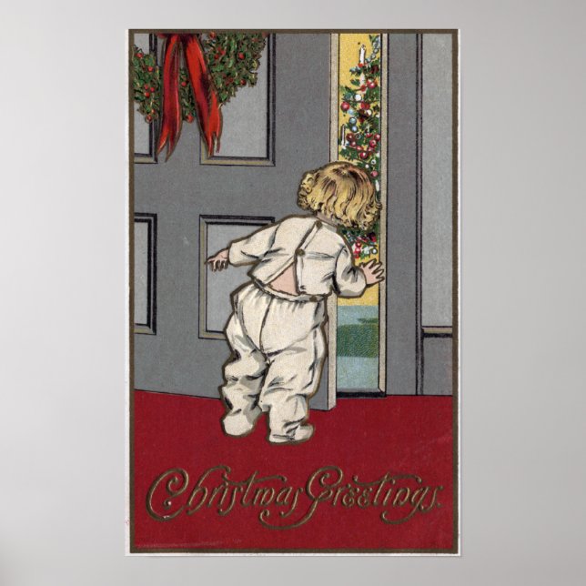 Pôster Saudações de NatalMiúdo a espreitar para Papais no (Frente)