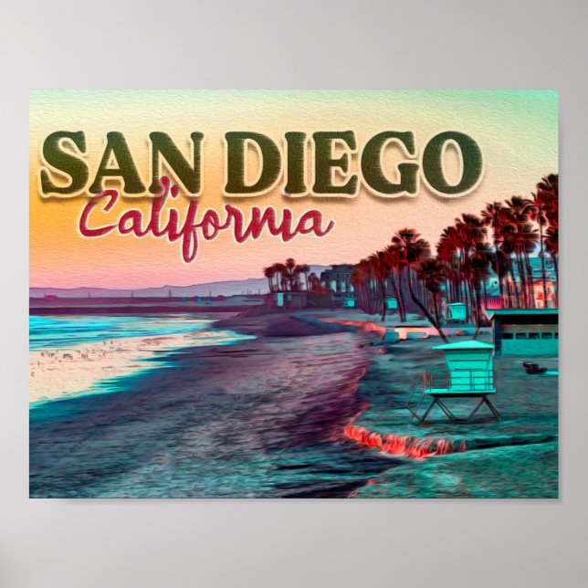 Poster Saudações de San Diego Ca Watercolor Sunset 60 (Frente)
