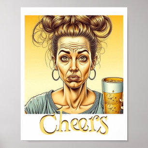 Poster Saúde! Coque Desgrenhado Segurando uma Cerveja de