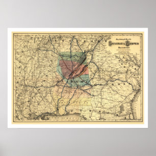 Poster Savana & mapa 1872 da estrada de ferro de Memphis