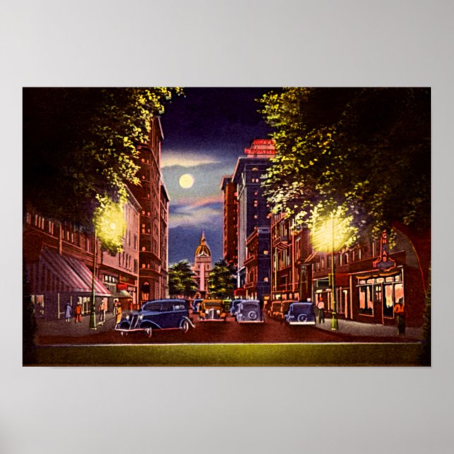 Pôster Savannah, Georgia Bull Street à noite (Frente)