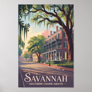 Poster Savannah Georgia Illustração Viagem Art Vintage