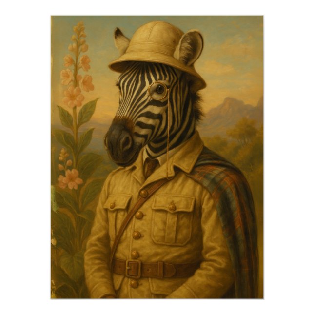 Pôster Savvy Zebra Explorer Portrait with Monocle (Frente)