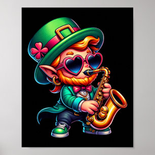 Poster Saxofone Leprechaun Kids Mens Mulheres São Patrici