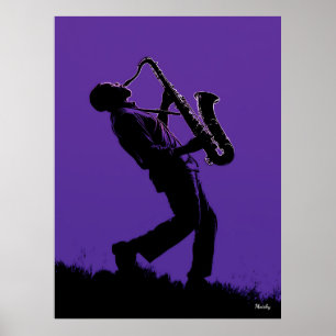 Poster Saxofonista Jazz - Silhueta Preta em Purp