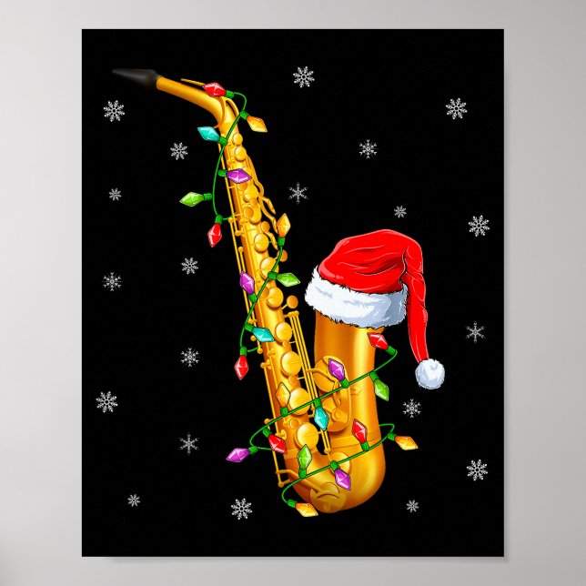 Poster Saxophone Music Lover Xmas Lights Santa Saxophone  (Frente)