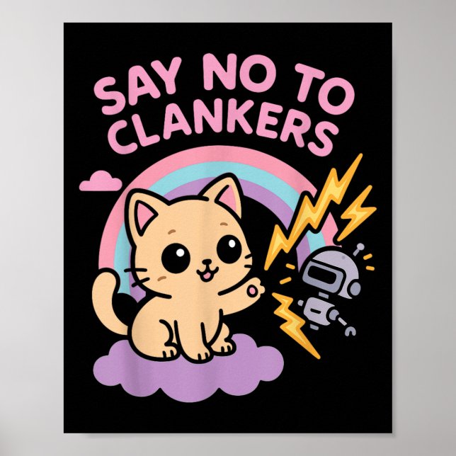 Poster Say No To Clankers Anti Ai Robots Cute Kitten Rain (Frente)