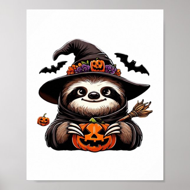 Poster Scary Halloween Sloth Witch Hat Costume Spooky Sea (Frente)