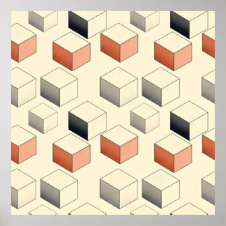 Poster Scattered red and grey isometric cubes on a beige