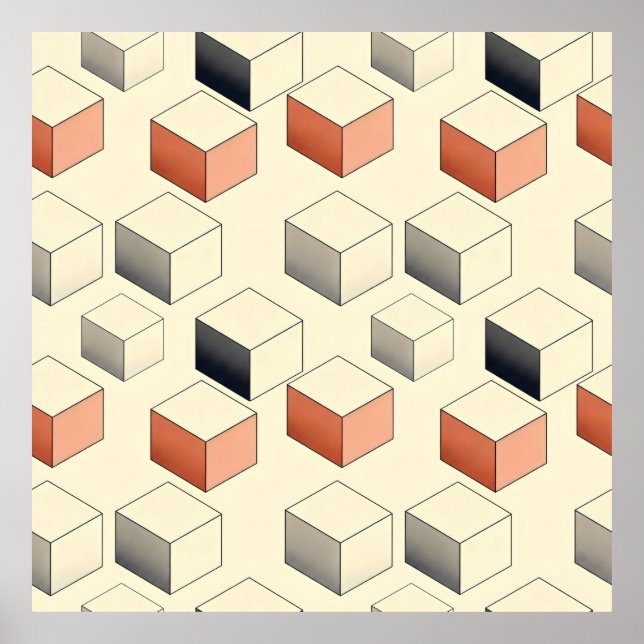 Poster Scattered red and grey isometric cubes on a beige (Frente)