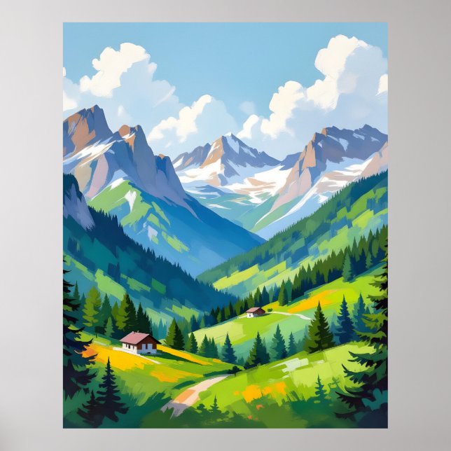 Poster Scenic Alpine Landscape – Lush Valley and Snow (Frente)