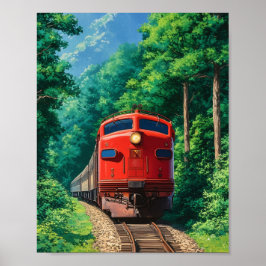 Poster Scenic Red Locomotive Train Mountain Forest