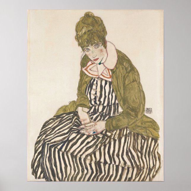 Poster Schiele - Edith com vestido listrado sentada (Frente)