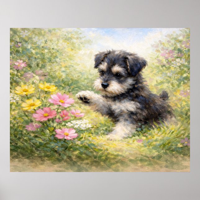 Poster Schnauzer Puppy Springtime Flowers (Frente)