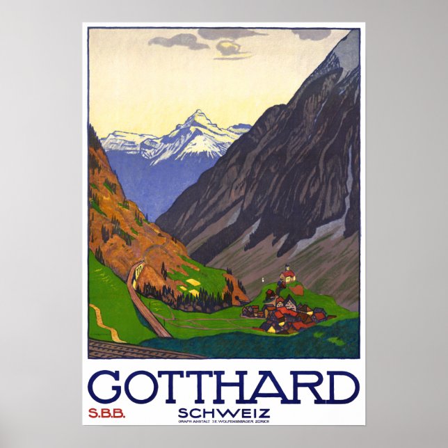 Poster Schweiz: 1914 - Gotthard Linie SBB Reise Werbe (Frente)