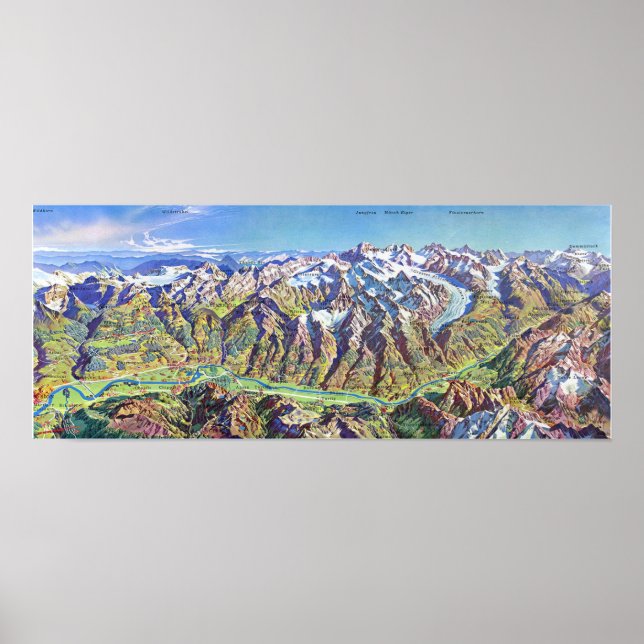 Poster "Schweiz: 1960er/heute - Wallis Panoramakarte (Frente)