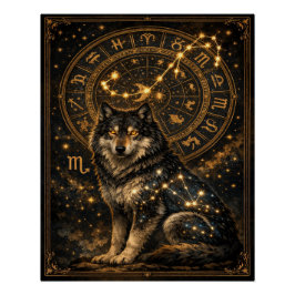 Pôster Scorpio Wolf Zodiac Wheel Constellation Celestial 