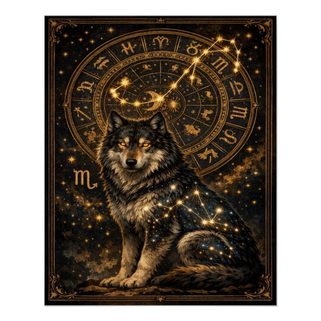 Pôster Scorpio Wolf Zodiac Wheel Constellation Celestial  (Frente)
