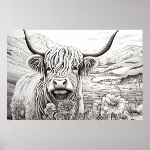 Poster Scottish Highland Cow Peaceful Nature Prairie Art